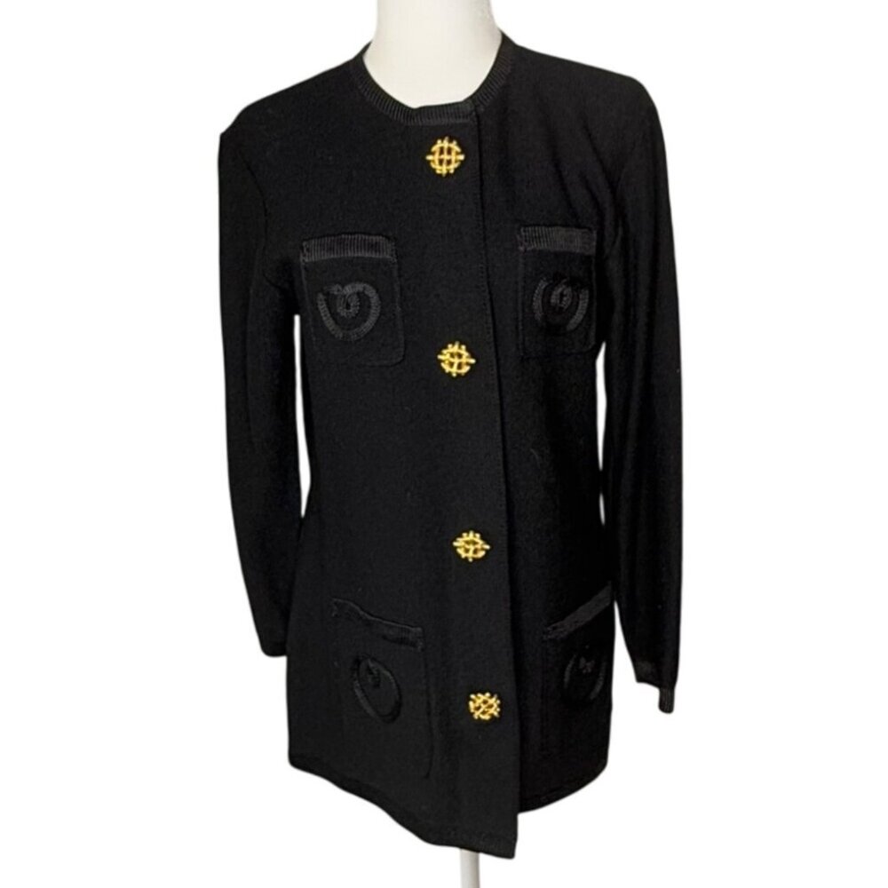 Vintage Steve Fabrikant Black Santana‎ Knit Cardigan Jacket Gold Button Medium